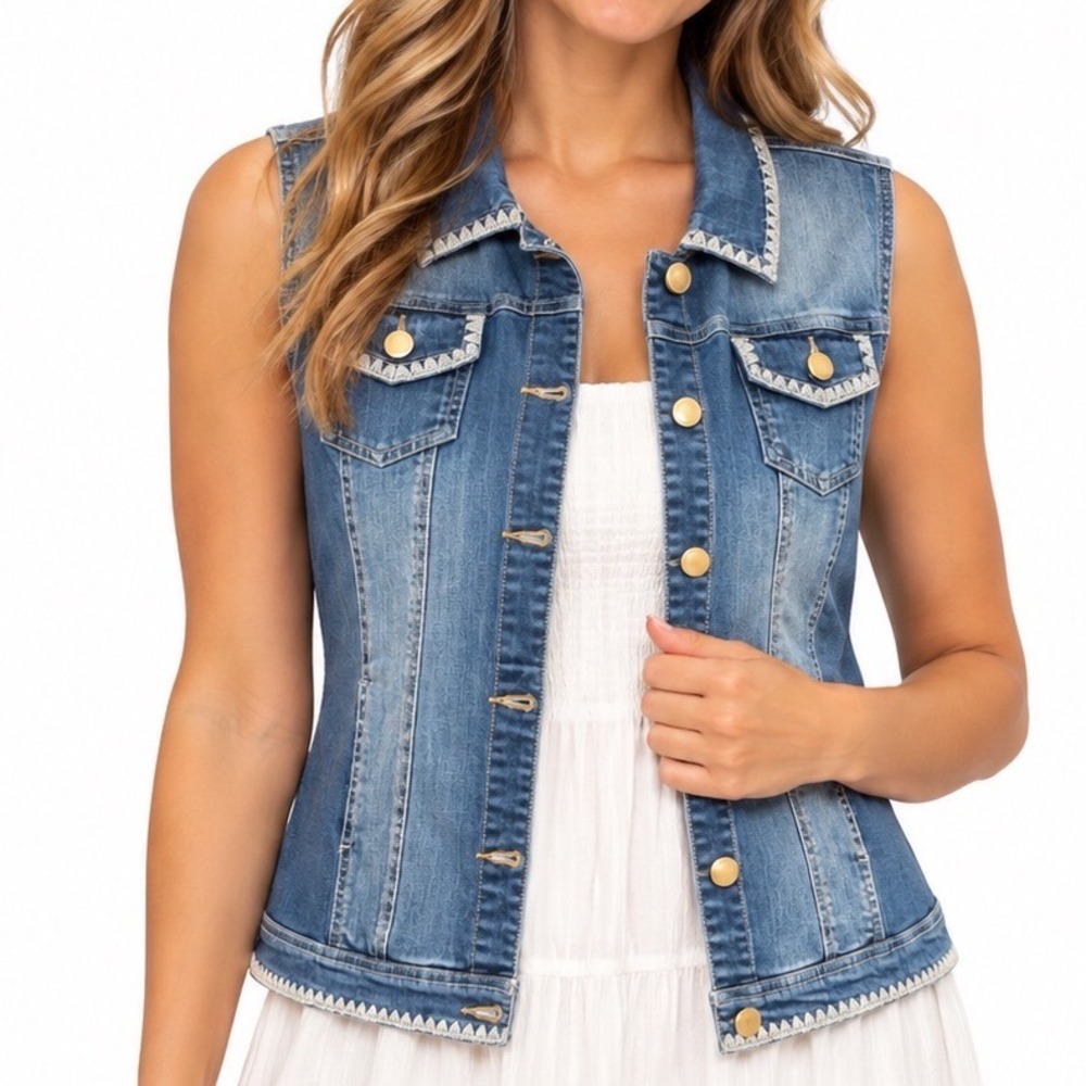 Keren Hart Denim Vest Women XL Blue Embroidered Trim Sleeveless Jean Jacket Boho